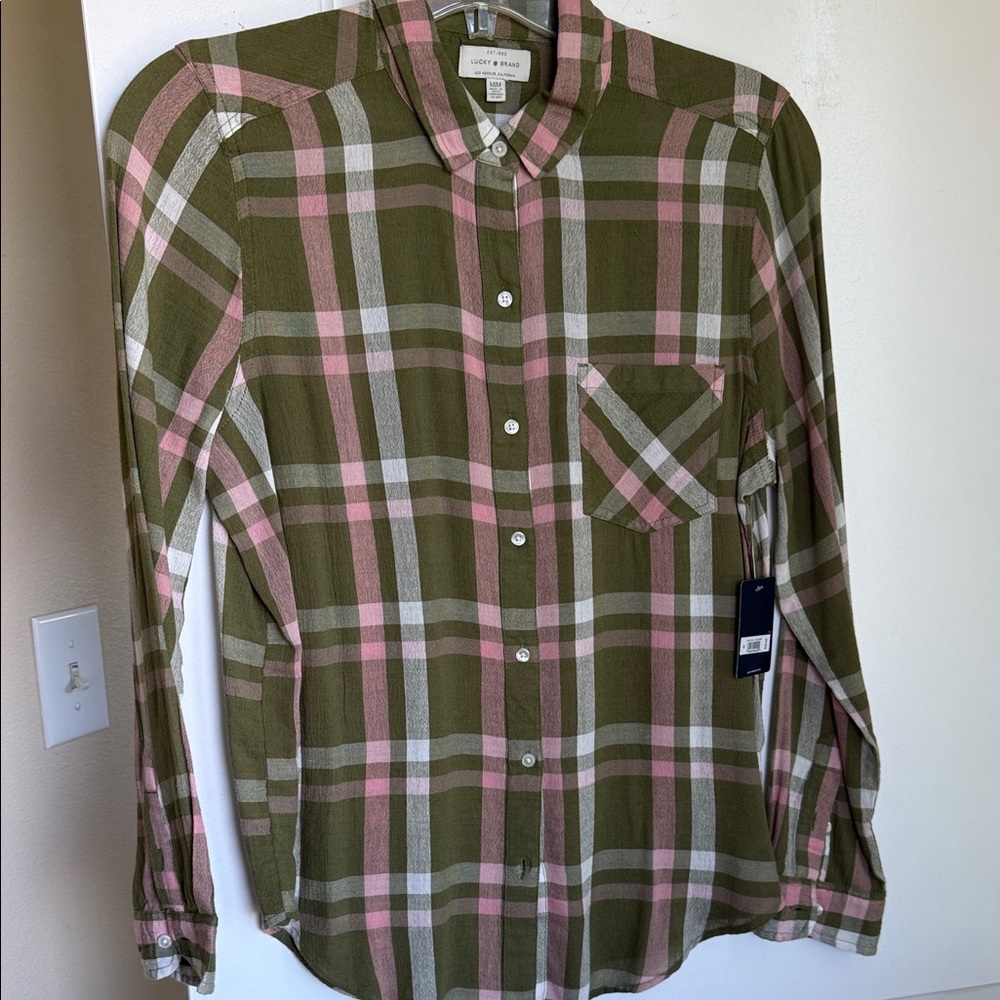 Lucky Brand Olive and Pink Plaid Shirt